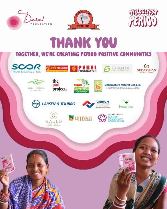 A heartfelt thank you to the grantors making the Asani Sanitary Napkin Program and Pledge Your Period campaign possible.

Because of you, rural women are manufacturing and distributing low-cost sanitary pads in their own communities. Girls are learning the truth about their bodies. Silence is being replaced with awareness, shame with dignity, and stigma with power.

Period poverty doesn't end with one pad, it ends with partners who believe every girl and woman deserves access, education, and choice. Thank you for standing with us.

#PledgeYourPeriod #PYP #AsaniPads #ByWomenForWomen #MenstrualEquity #EndPeriodPoverty #DesaiFoundation
