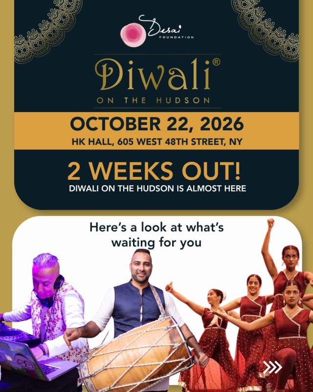 TWO WEEKS TO GO! 
NYC, your Diwali night is almost here!

From incredible South Asian talent and an electric dance floor to delicious food, an open bar, VIP experiences, and plenty of moments worth dressing up for, Diwali on the Hudson is bringing it all together for one incredible night.

📅 Thursday, October 22, 2026
📍 HK Hall, 605 W 48th St, New York City
⏰ 7 PM onwards

Come celebrate the Festival of Lights with us, connect with the community, and celebrate with purpose. ❤️

🎟️ Get your tickets now:
 Diwali on the Hudson 2026 - Link is in the bio!

@neildesai07 @djsuhel @stitchedsweets_
@tribebohemianhome
@mr.paanwala @rampursinglemalt
@kolkatachaico @eatdoosra @malai_icecream
@ranavat @1947beer @patelneerja
@anokhilifestyle @ninadavuluri 

#DiwaliOnTheHudson #DiwaliNYC #Diwali2026 #NYCEvents #FestivalOfLights #DesaiFoundation