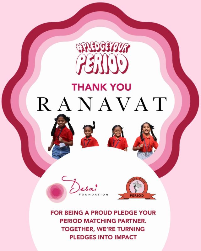 We are deeply grateful to @ranavat for standing with us as the official matching partner of #PledgeYourPeriod, a partnership rooted in shared values, bold action, and a belief that no girl should ever have to pause her education, her dreams, or her potential because of her period.

For every 10 pledges, Ranavat is contributing $100, directly fueling the Desai Foundation's Asani Sanitary Napkin program, which delivers menstrual health education, products, and dignity to women and girls across India.

To Ranavat, thank you for not just supporting the cause, but championing it.
To everyone reading, your pledge is matched, multiplied, and meaningful. Tap the link in bio and join us.

Together, we're turning pledges into period equity.
@michelleranavat 

#PledgeYourPeriod #DesaiFoundation #AsaniSanitaryNapkinProgram  #PartnersInImpact #Ranavat #MenstrualEquity