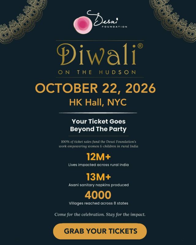 Diwali on the Hudson returns for its 13th year, and it sells out every single year.

Thursday, October 22, 2026 • 7:00 PM • HK Hall, NYC
Live entertainment, Indian food, an open bar, VIP tables, and a night built around the Festival of Lights, all while 100% of your ticket funds the Desai Foundation's work empowering women and children in rural India.

Tickets are limited. Get yours before they're gone → link in bio.

@stitchedsweets_ @tribebohemianhome @mr.paanwala @eatdoosra @malai_icecream @rampursinglemalt @kolkatachaico @ranavat @michelleranavat @barbiepatell @sindhya1 @nikhilkal @hithapalepu @shailywood @monjin80 @mpatela @amisheth @ninadavuluri @homewithheena @atjain @devaraj1 @southbaby @ariannaafsar @anokhilifestyle @reenasroy @rashmigillphotography @neildesai07 @simishah___ 

#DreamBeyond #DiwaliOnTheHudson #DesaiFoundation #HKhall