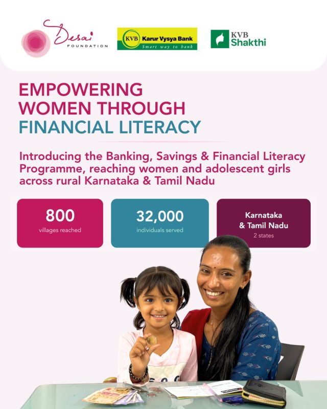 Desai Foundation Trust (DFT) and Karur Vysya Bank (KVB)  are coming together to implement the Banking, Saving, and Financial Literacy Programme, aimed at strengthening financial awareness and inclusion in rural communities across Karnataka and Tamil Nadu.

The initiative will reach 800 villages and directly benefit 32,000 individuals, with a strong focus on women and adolescent girls, the initiative aims to create a positive ripple effect across families and communities.

Through interactive, community-based sessions conducted in local languages, the programme will build practical understanding of banking essentials, digital transactions, savings, credit, insurance, and access to key government schemes.

@officialkarurvysyabank 

#WomenEmpowerment #AdolescentGirls #FinancialLiteracy #WomenLedChange #FinancialInclusion #RuralWomen #KarurVysyaBank #DesaiFoundation