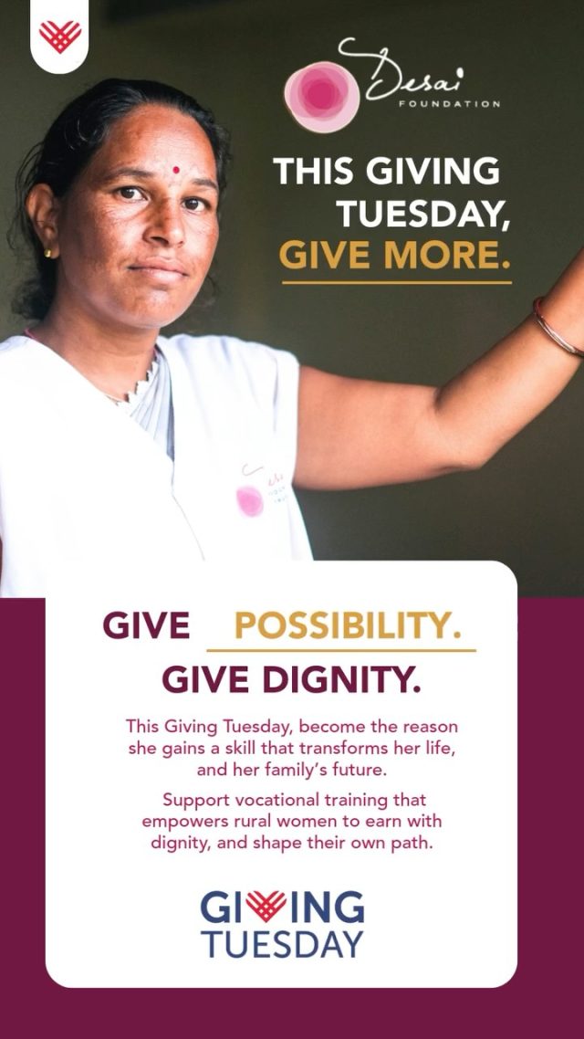 This Giving Tuesday, be the reason a woman discovers her strength.
Your support helps her learn a meaningful skill, one that brings income, confidence, recognition, dignity and a future she can proudly shape.
From sewing and beauty training to financial literacy, entrepreneurship, Solar & EV mechanic training, our livelihood programs open doors that once felt out of reach.
When she gains a skill, her whole family gains a future.
Donate today and help her build a life filled with dignity, opportunity, and hope.
Be the foundation she stands on. Your support today becomes the skill, the strength, and the future she builds tomorrow.

#GivingTuesday #DesaiFoundation #EmpowerHerFuture #DignityForHer #WomenEmpowerment #LivelihoodPrograms #SupportHerJourney #MakeADifference #GiveBack #DreamBeyond