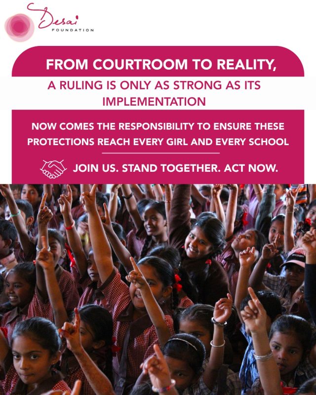 A ruling is only as strong as its implementation. Now comes the responsibility to ensure that these protections reach every girl and every school. At the Desai Foundation, we’ve worked for years to provide this type of access and protection to our beneficiaries and are excited to help in any way to get this Supreme Court ruling rolling. Now we ask all our partners, donors, and organizations to come together to make this ruling become reality! 

#MenstrualEquity #AsaniProgramme #SupremeCourtOfIndia #RightToDignity
#GirlsEducation #PolicyToPractice #MenstrualHealth #PeriodPoverty
#EducationForAll #Article21