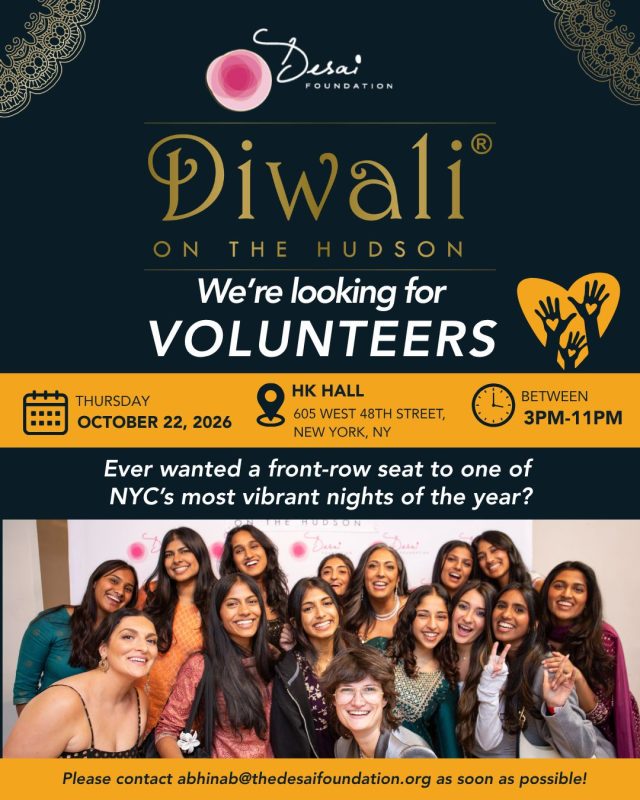 ✨ A FEW VOLUNTEER SPOTS LEFT!

Want to experience Diwali on the Hudson from behind the scenes? Join us for one of NYC’s most vibrant Diwali celebrations and be part of bringing the evening to life!

📅 Thursday, October 22, 2026
📍 HK Hall, 605 West 48th Street, NYC
⏰ 3 PM–11 PM | Program begins at 7 PM

As a volunteer, you’ll get a behind-the-scenes look at the event, meet members of our community, work alongside the Desai Foundation team, and experience the celebration from the inside.

🎉 Help make the evening happen. Meet great people. Celebrate Diwali with us!

Interested? Email abhinab@thedesaifoundation.org as soon as possible. A few spots remain!

🎟️ Learn more about Diwali on the Hudson: Link is in the bio!

#DiwaliontheHudson #DiwaliParty #DesaiFoundation #DiwalipartyinNYC #NYCevents
