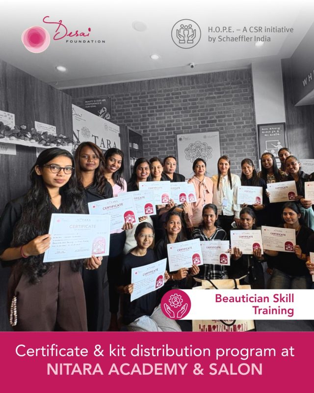 We’re proud to announce our partnership with @schaefflergroup India!
Together, we’re creating real impact through skill development and livelihood opportunities for women.
Under this initiative, the Certificate & Kit Distribution Program at NITARA Academy & Salon marked a powerful milestone, celebrating women who have successfully completed their training and achieved 100% placement. 
Each graduate now steps forward with the skills, confidence, and tools to build a sustainable future and achieve financial independence.

A heartfelt thank you to Schaeffler India for believing in our mission and standing with us in creating real opportunities for women.

Here’s to empowering more women, creating lasting change, and building brighter communities.

#DesaiFoundation #SchaefflerIndia #WomenEmpowerment #SkillDevelopment #Livelihood #ImpactStory #HerSuccessOurMission #Opportunity #Impact #RuralIndia #Incomegenerationprogram #NGO #DFT