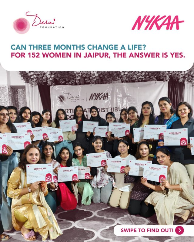 What does economic independence actually look like? Sometimes, it looks like 152 certificates handed out in a hall in Jaipur!

On June 23, 2026, the Desai Foundation Trust marked the graduation of the first cohort of our Beautician Skill Training Program, run in partnership with Nykaa.

Launched in February 2026, the three-month program took 152 women through a comprehensive, hands-on curriculum: skincare, haircare, makeup application, nail care, salon hygiene, client servicing, soft skills, and basic salon management. The result isn't just a certificate; it's a credential that opens doors to employment and entrepreneurship in a fast-growing industry.

Ms. Kulsum Malik, Founder of Kaya Kalp and a respected name in India's beauty and wellness sector, joined as our Chief Guest. Her perspective as someone who built a career from the ground up gave our graduates a clear, credible blueprint for what's possible next.

We see this cohort as proof of a simple idea: when you invest in skill-building, you're investing directly in livelihoods, in families, and in long-term economic resilience for women across India.

Grateful to Nykaa for their continued partnership, and to every trainer, staff member, and family who supported these 152 women to this finish line.
@mynykaa 

#DreamBeyond #WomensHealth #MenstrualEquity #India #NYKAA #DesaiFoundationTrust #Livelihood #ProgramsinruralIndia