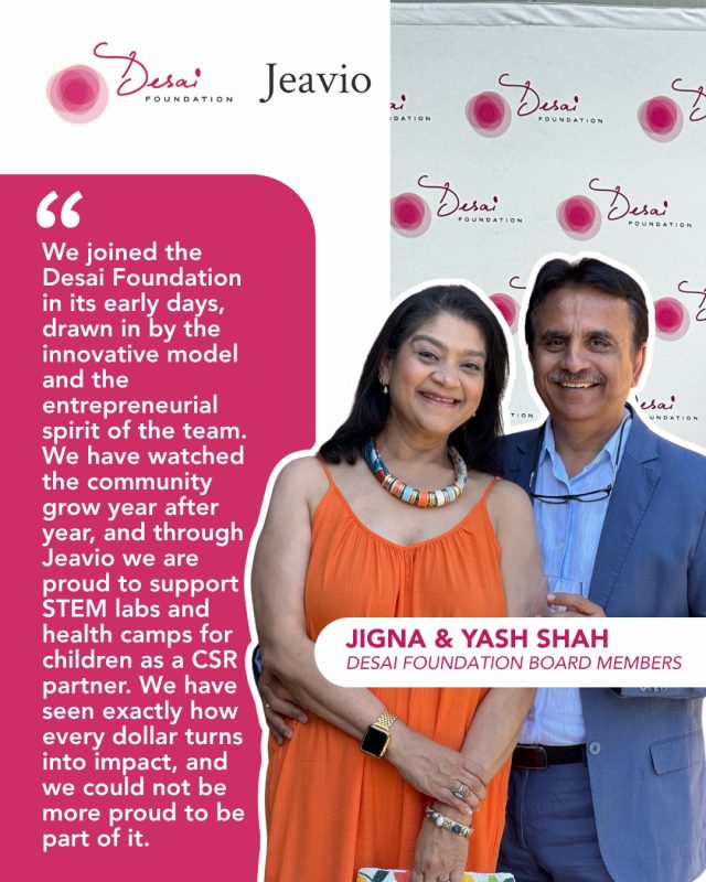 From the very beginning, Yash and Jigna Shah have believed deeply in the mission and impact of the Desai Foundation.

Yash joined our organization as one of our earliest Board Members and, over the years, has remained a trusted advisor, dedicated supporter, and steady champion of our work. Together, Yash and Jigna have become familiar and joyful faces at Lotus Festival year after year - showing up not only with generosity, but with genuine belief in the community we are building together.

Through their company, Jeavio, they also helped us reach an important milestone: launching the Desai Foundation’s very first STEM Lab in Gujarat, expanding access to hands-on science and technology education for students in rural India. Their partnership helped open new doors and create new possibilities for the next generation.

Their support, leadership, and encouragement have been part of our journey since day one, and we are incredibly grateful for all they have done to help our mission grow.

Thank you, Yash and Jigna, for your years of friendship, partnership, and commitment to helping communities dream beyond. 💛
@jigna0702 

#DreamBeyond #STEMEducation #Gujarat #India #DonorSpotlight #DesaiFoundation #LotusFestival
