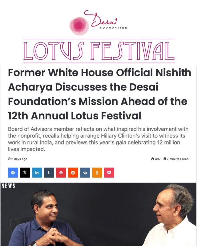 As we prepare for the 12th Annual Lotus Festival on October 10 at Gillette Stadium, we're grateful to longtime supporter, advisor, and former White House official Nish Acharya for sharing his perspective on the Desai Foundation's model and the impact we've created together.

Nish has been a trusted advisor since the early days of the Desai Foundation and played an instrumental role in connecting us with Secretary Hillary Clinton, whose visit to our programs in rural India brought global recognition to our work.

In this conversation with India New England, Nish reflects on the power of giving back and the important role the Indian American community can play in creating lasting impact.

We invite you to watch the interview, learn more about our mission, and join us at Lotus Festival on October 10th!

@nishithacharya 
🔗 https://indianewengland.com/former-white-house-official-nishit-acharya-discusses-the-desai-foundations-mission-ahead-of-the-12th-annual-lotus-festival/

#DesaiFoundation #LotusFestival #CommunityImpact #SocialImpact #EmpowerWomen