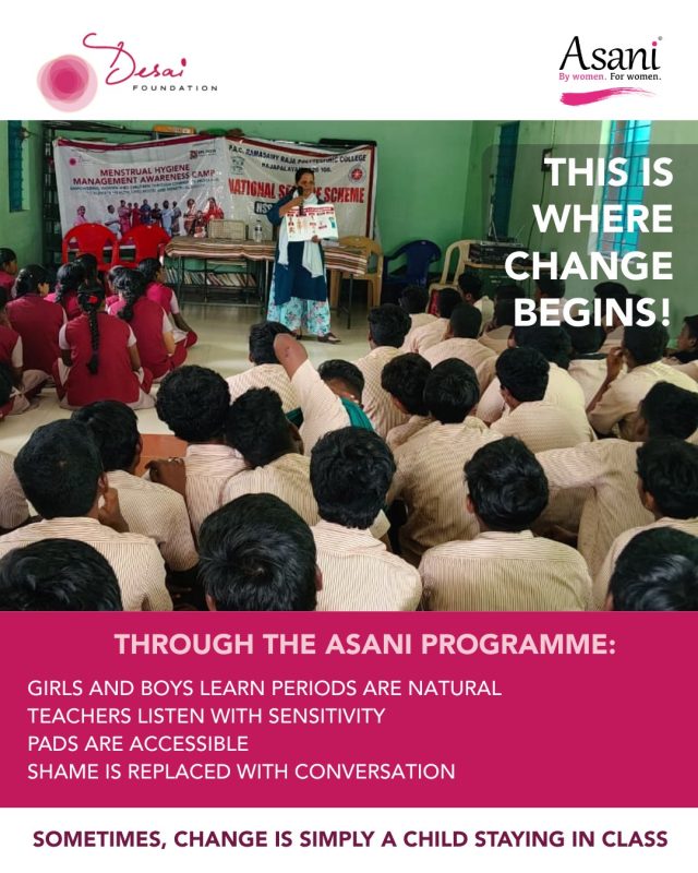 The Supreme Court of India has affirmed menstrual hygiene as a fundamental right under Article 21.
The responsibility now is clear: ensure every girl can access it, every boy understands it, and every school upholds it.

Through the Asani Sanitary Napkin Program, we have spent over a decade working in government schools to create classrooms where:
– Periods are understood, not whispered about
– Pads are accessible necessities, not hidden luxuries
– Education continues, uninterrupted by stigma

This judgment must now move from paper to practice. Advocacy, institutional action, and sustained support will determine its impact.

Because a fundamental right is only real when every child can exercise it.

#AsaniProgramme #DesaiFoundation #MenstrualRights #DonateForDignity #SupremeCourtJudgment #PeriodEquality #EducationMatters #EndPeriodPoverty #ByWomenForWomen #SupportTheChange
