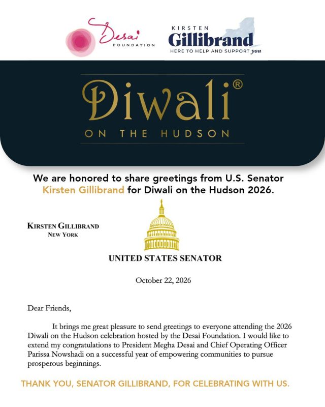 We are honored to share greetings from U.S. Senator Kirsten Gillibrand for Diwali on the Hudson 2026.

In her letter, the Senator commended the Desai Foundation’s dedication to empowering women and children across rural India, calling it “a mission that truly embodies the triumph of light over darkness.”

She also acknowledged a milestone we are proud of: more than 13 million lives impacted through programs in health, livelihood, and menstrual equity across 8 Indian states.

This recognition belongs to our teams on the ground, our partners, and the communities who lead this change every day. Thank you, Senator Gillibrand, for your kind words, and to our supporters for helping us light the way.

#DiwaliOnTheHudson #MenstrualEquity #WomensEmpowerment #NonprofitLeadership #DreamBeyond